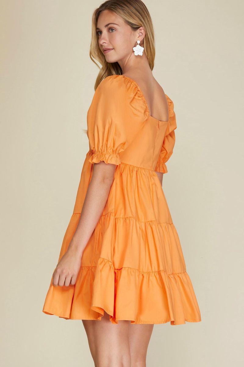 ORANGE PUFF SLEEVES SWEETHEART NECK TIERED WOVEN MINI DRESS