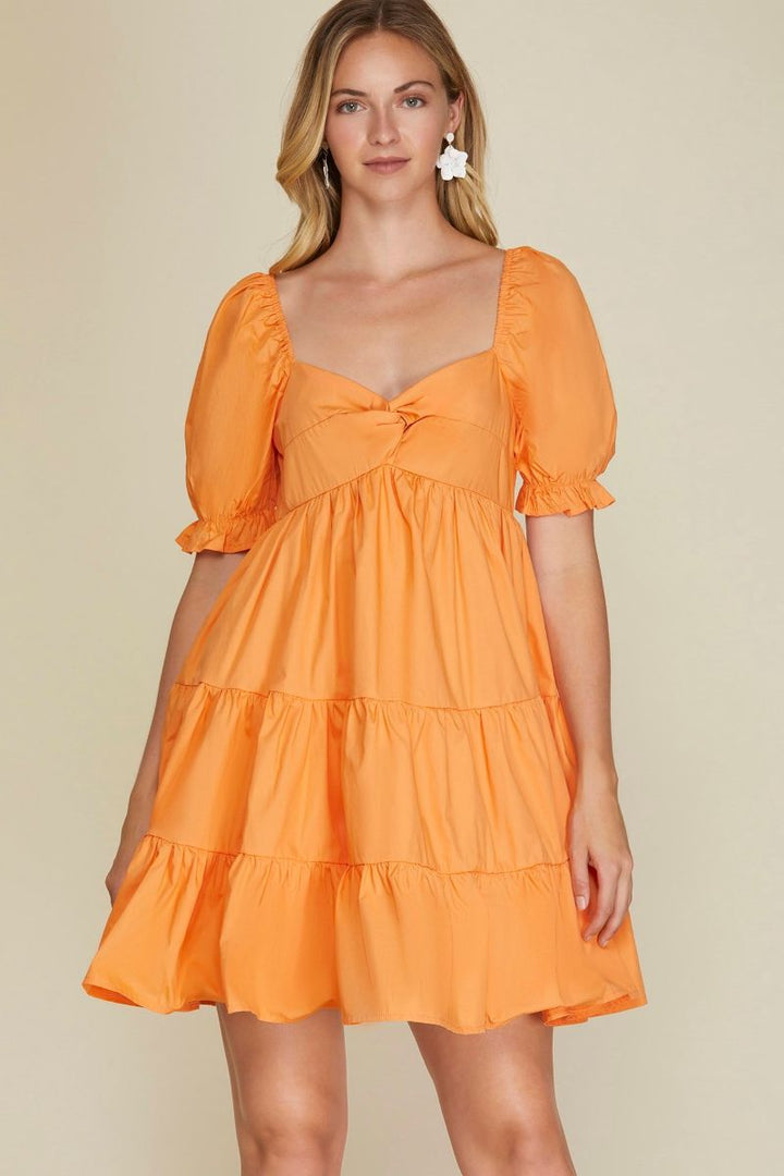 ORANGE PUFF SLEEVES SWEETHEART NECK TIERED WOVEN MINI DRESS