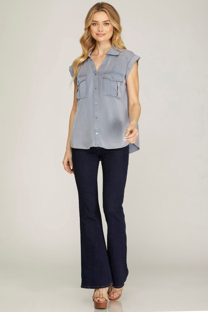 DUSTY BLUE COLLARED BUTTON DOWN FRONT POCKET WOVEN TOP SKSY6267