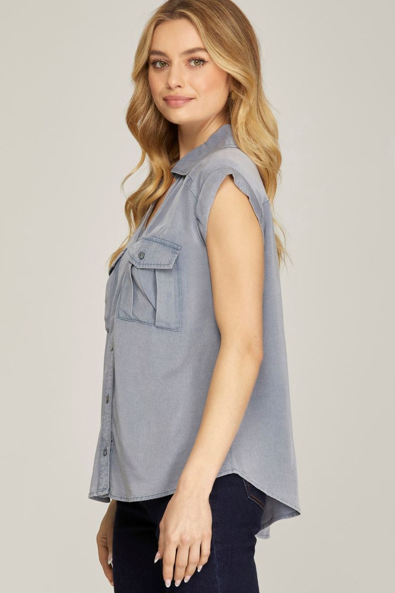 DUSTY BLUE COLLARED BUTTON DOWN FRONT POCKET WOVEN TOP SKSY6267