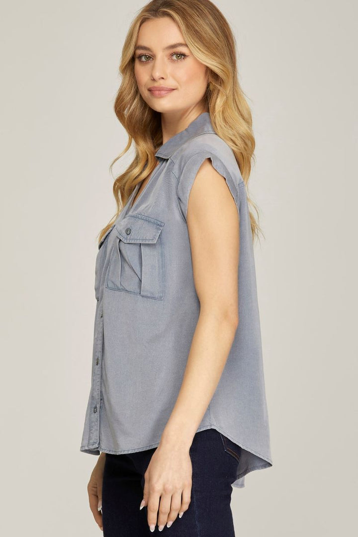DUSTY BLUE COLLARED BUTTON DOWN FRONT POCKET WOVEN TOP SKSY6267
