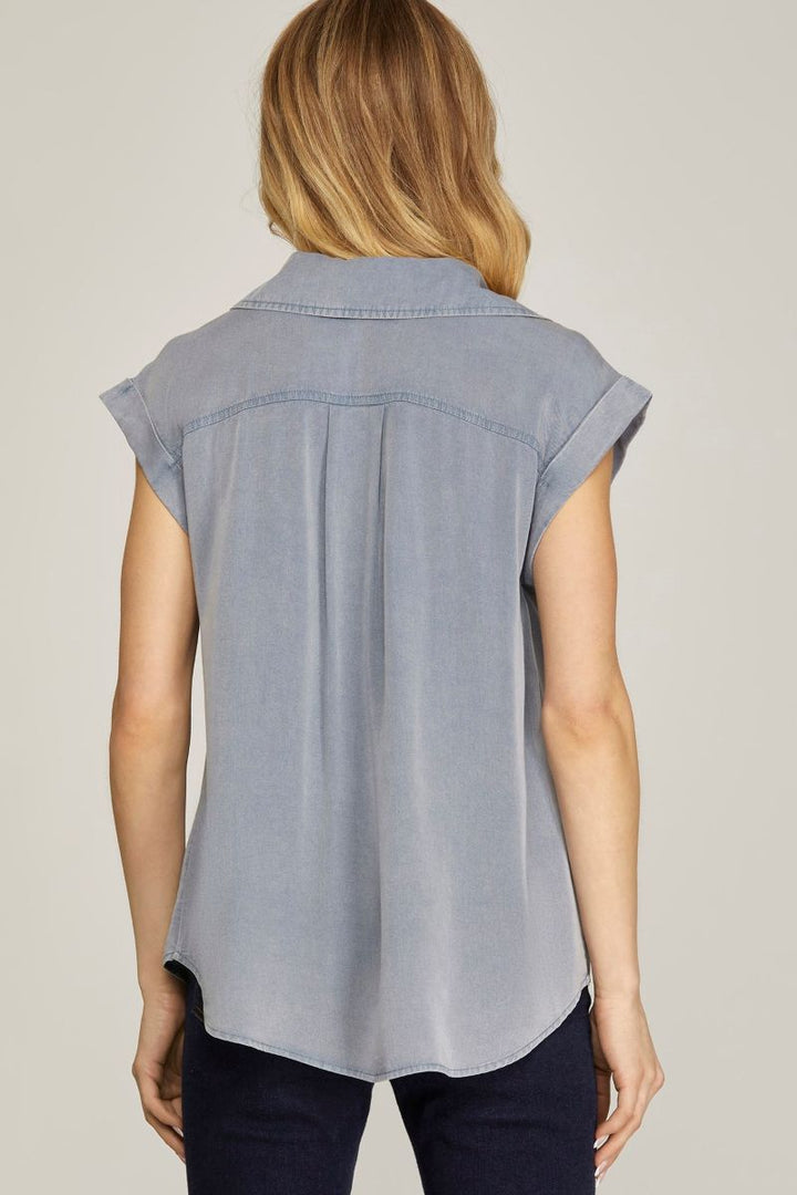 DUSTY BLUE COLLARED BUTTON DOWN FRONT POCKET WOVEN TOP SKSY6267