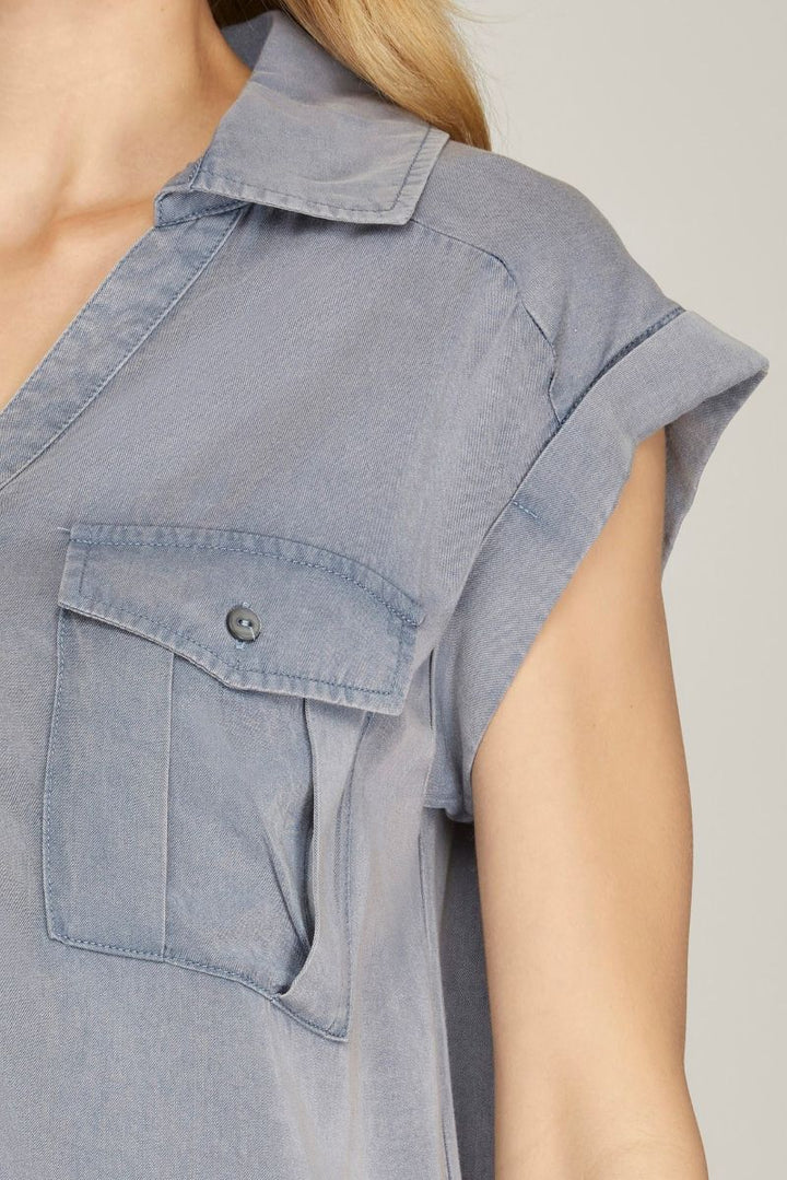 DUSTY BLUE COLLARED BUTTON DOWN FRONT POCKET WOVEN TOP SKSY6267