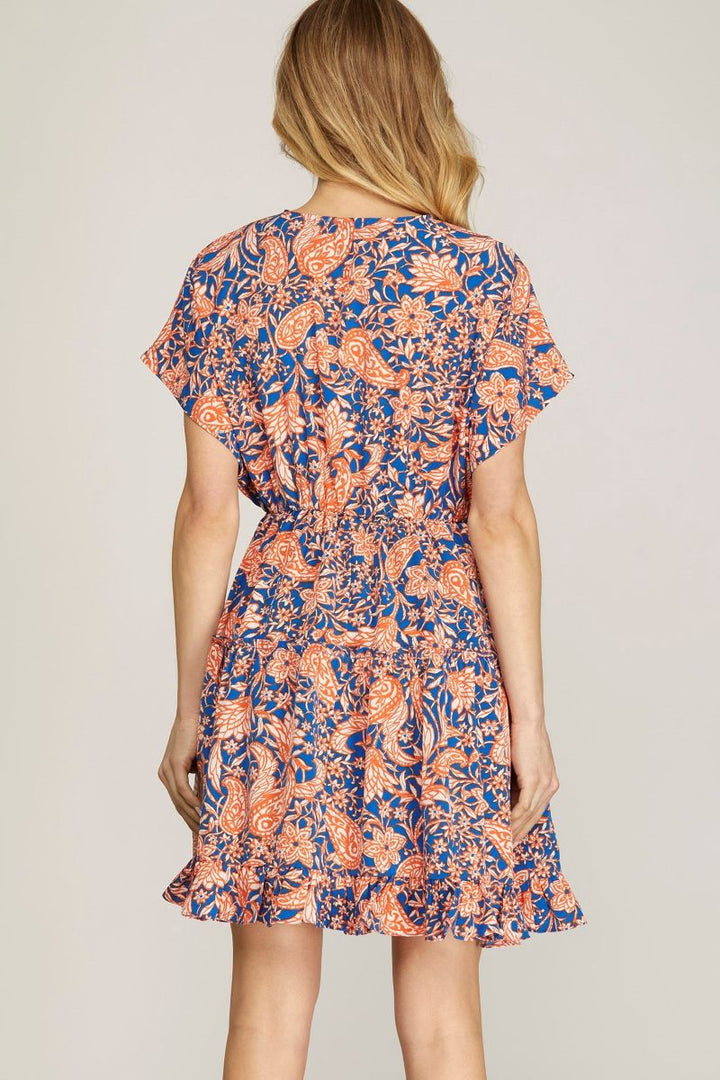 BLUE KIMONO SLEEVES SURPLICE TIERED WOVEN MINI DRESS SKSY6471