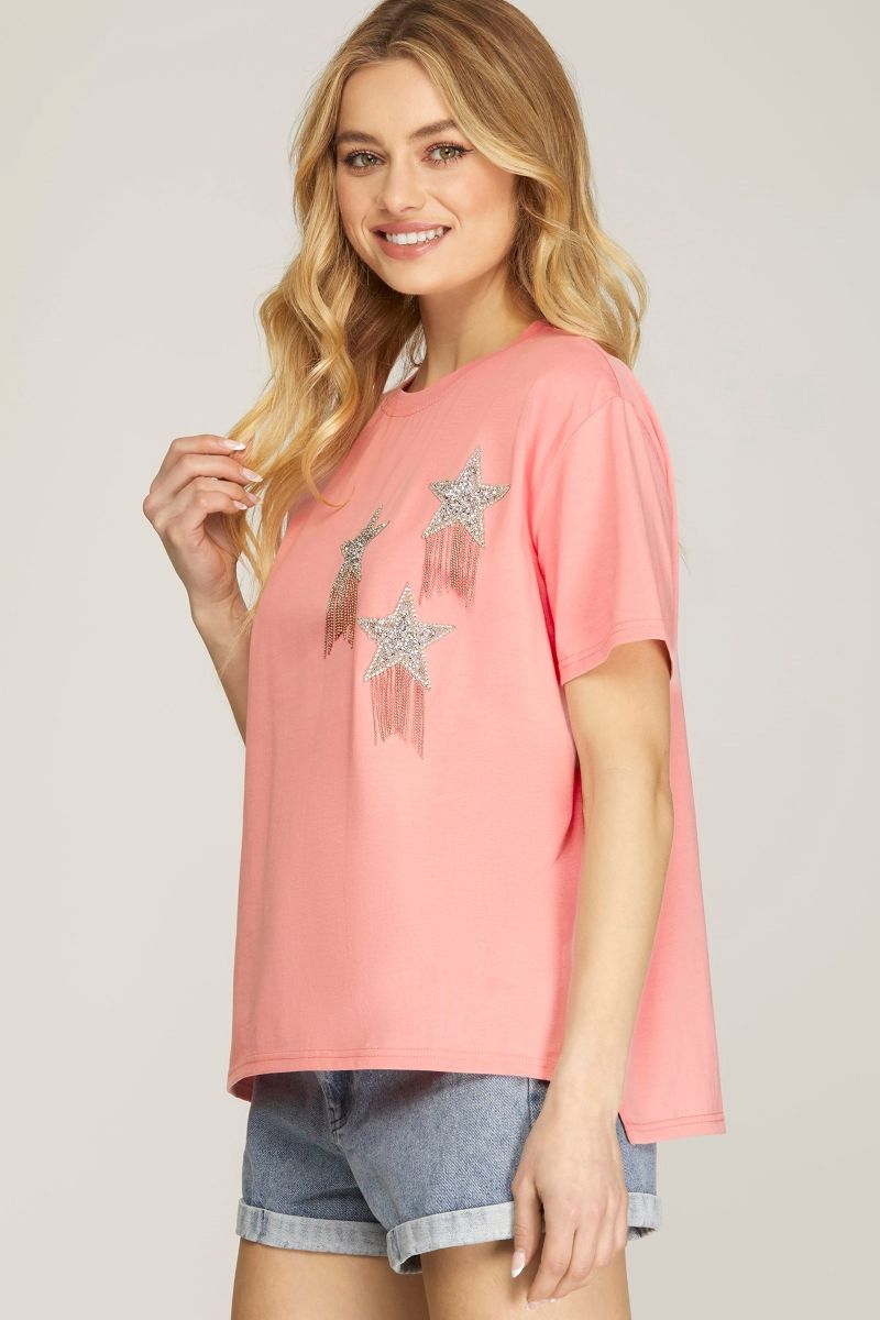 PINK RHINESTONE STUDDED STAR FRINGE KNIT TOP SKSY6648