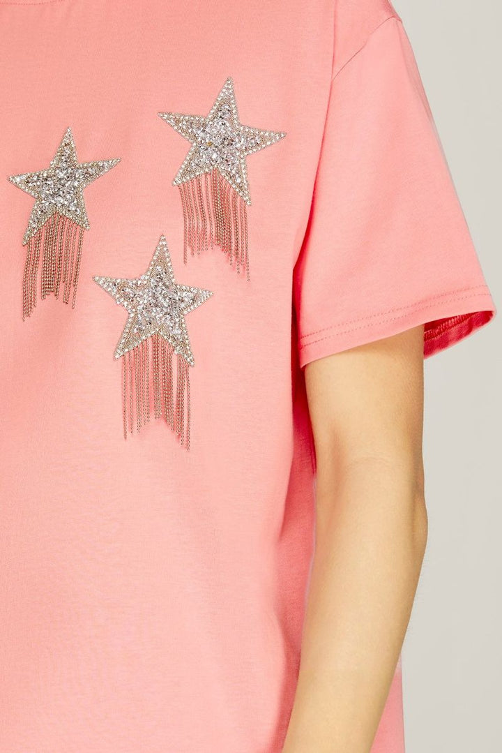 PINK RHINESTONE STUDDED STAR FRINGE KNIT TOP SKSY6648