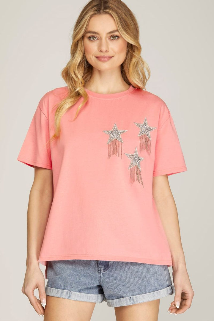 PINK RHINESTONE STUDDED STAR FRINGE KNIT TOP SKSY6648
