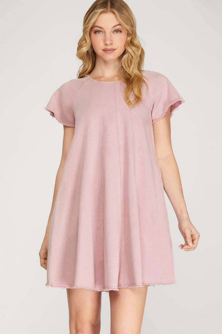 PINK SHORT SLEEVES WASH WOVEN MINI DRESS SKSY6672