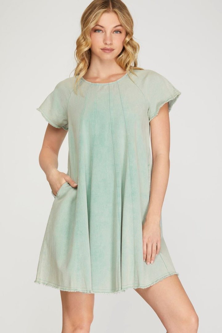 SEAFOAM SHORT SLEEVES WASH WOVEN MINI DRESS SKSY6672