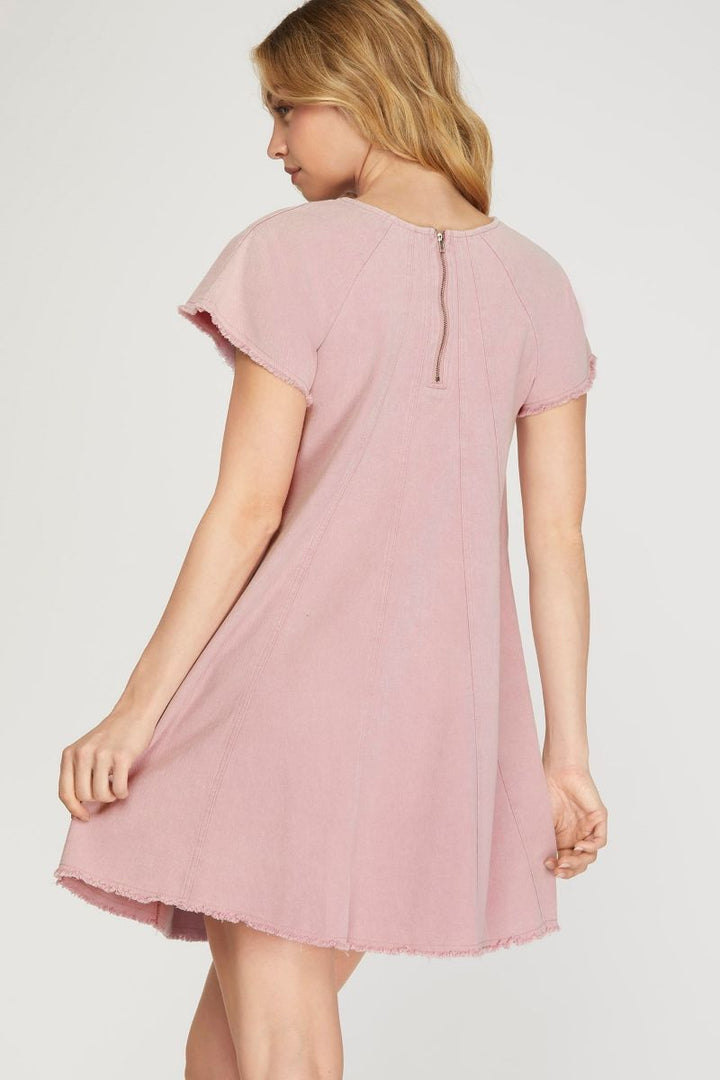 PINK SHORT SLEEVES WASH WOVEN MINI DRESS SKSY6672