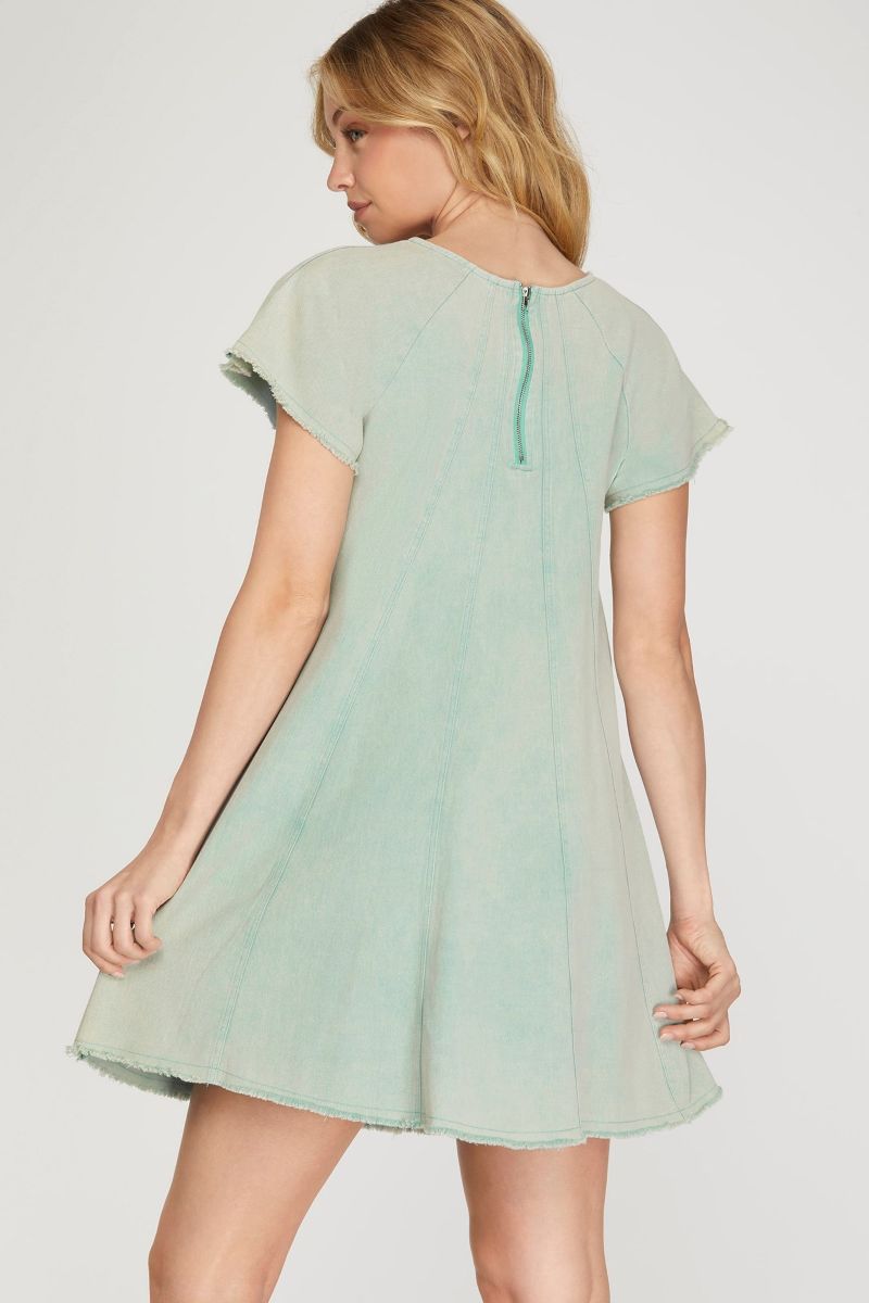 SEAFOAM SHORT SLEEVES WASH WOVEN MINI DRESS SKSY6672
