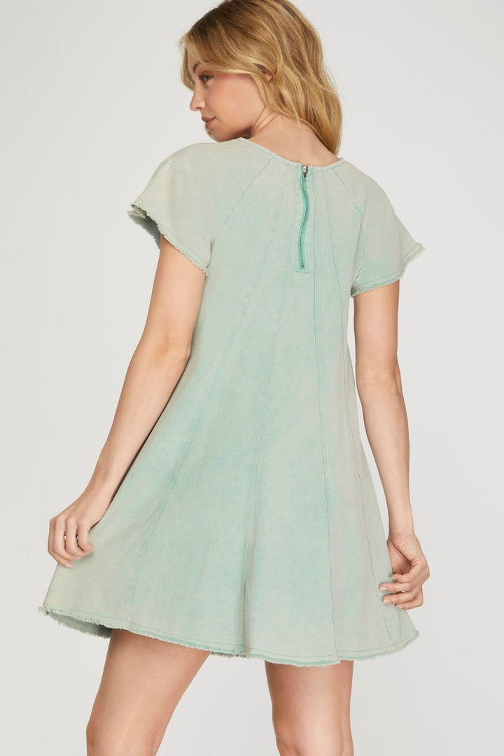 SEAFOAM SHORT SLEEVES WASH WOVEN MINI DRESS SKSY6672