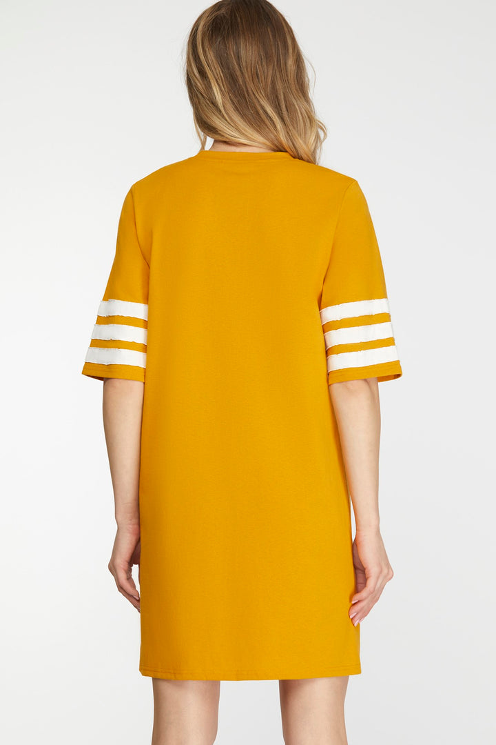 GOLD KNIT DRESS WITH SEQUIN FOOTBALL PATCH-SKSY6691