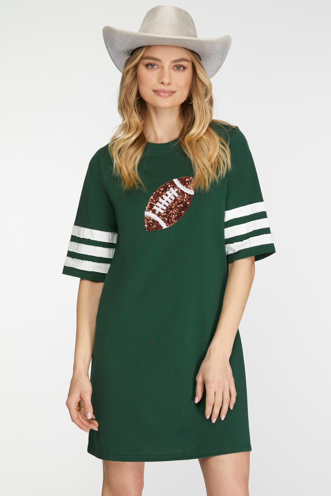 GREEN KNIT DRESS WITH SEQUIN FOOTBALL PATCH-SKSY6691