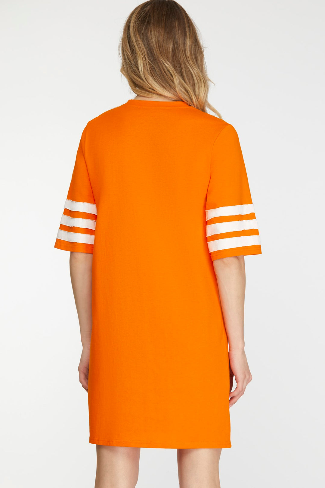 ORANGE KNIT DRESS WITH SEQUIN FOOTBALL PATCH