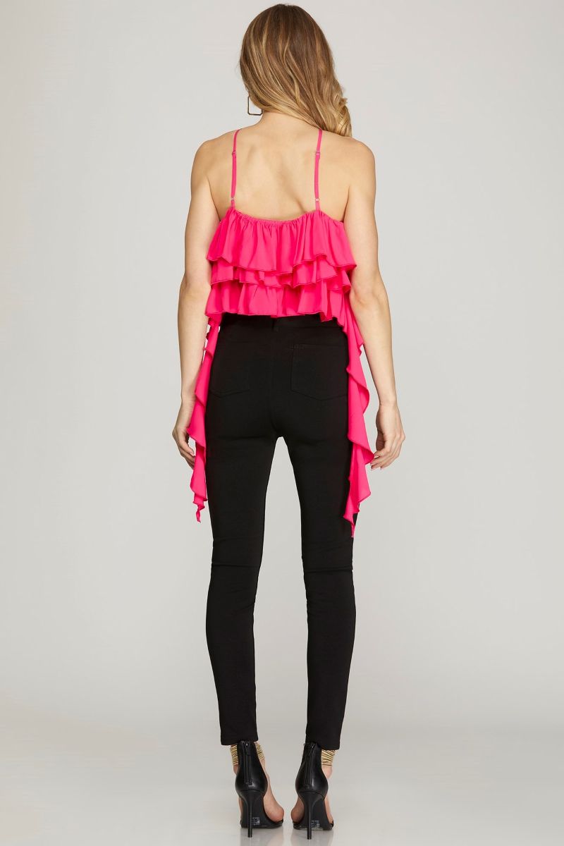 HOT PINK HALTER ROSETTE RUFFLED DETAILED WOVEN TOP SKSY6697