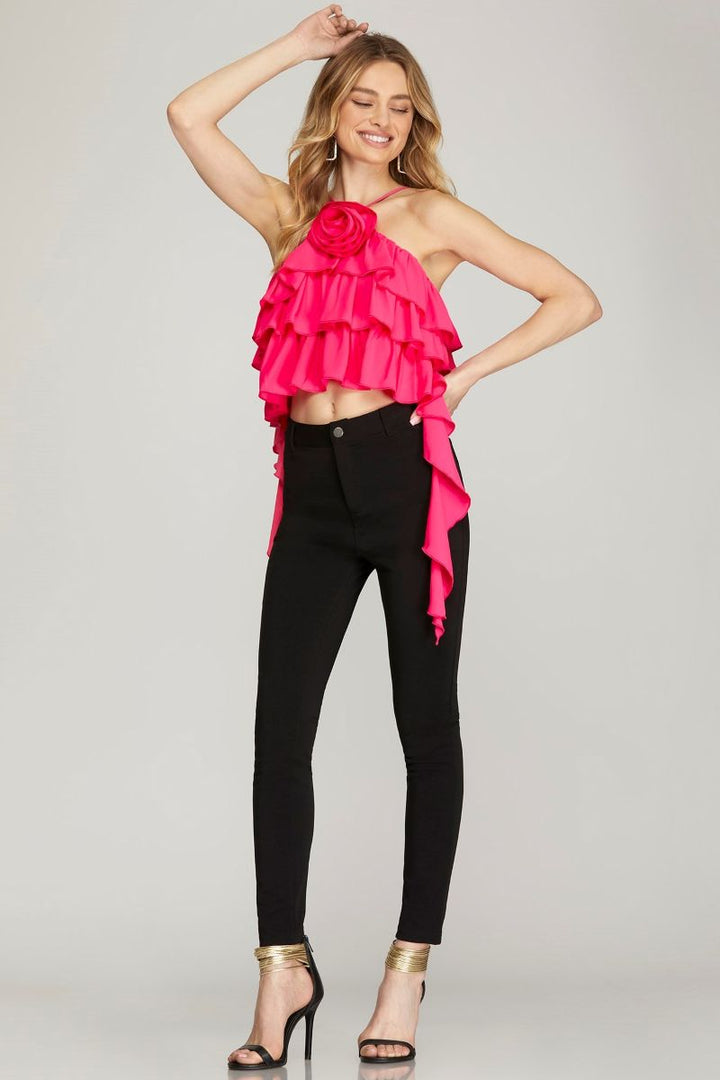 HOT PINK HALTER ROSETTE RUFFLED DETAILED WOVEN TOP SKSY6697