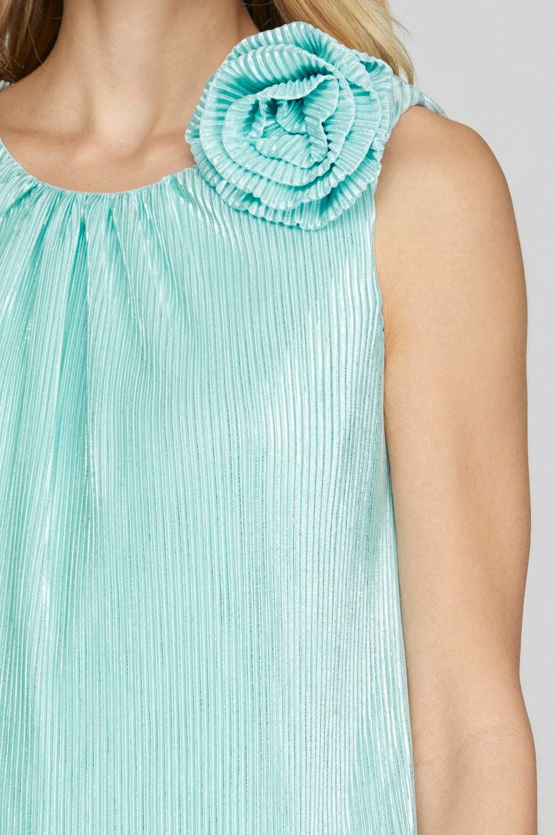 MINT SLEEVELESS ROSETTE METALIC PLISSE MINI DRESS