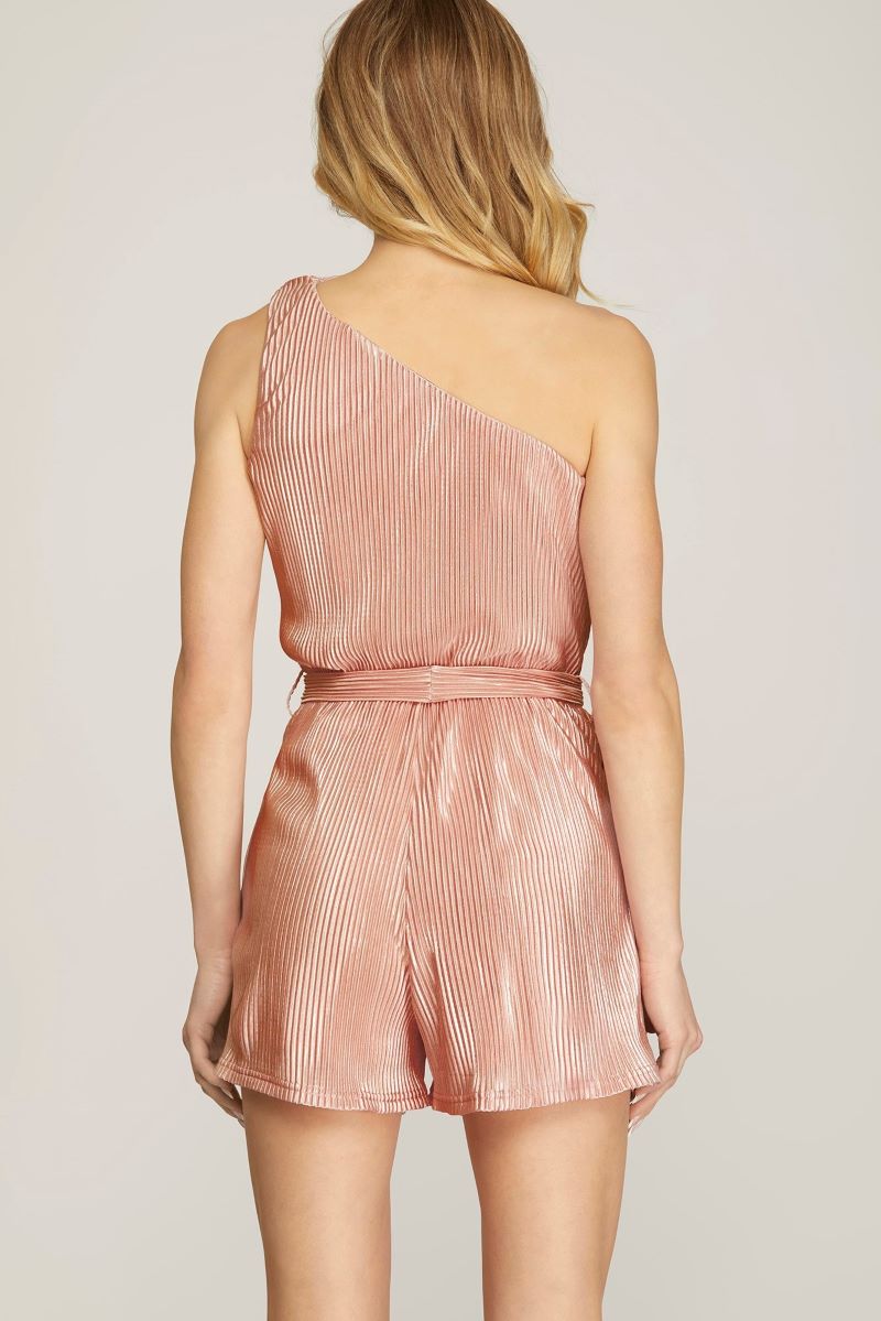 ROSE ONE SHOULDER ROSETTE METALLIC PLISSE ROMPER