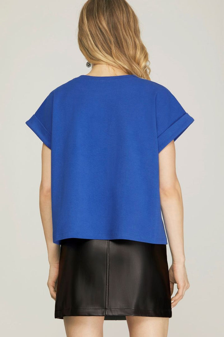 ROYAL BLUE DROP SHORT SLEEVES RHINESTONE DETAILED KNIT TOP SKSY6725