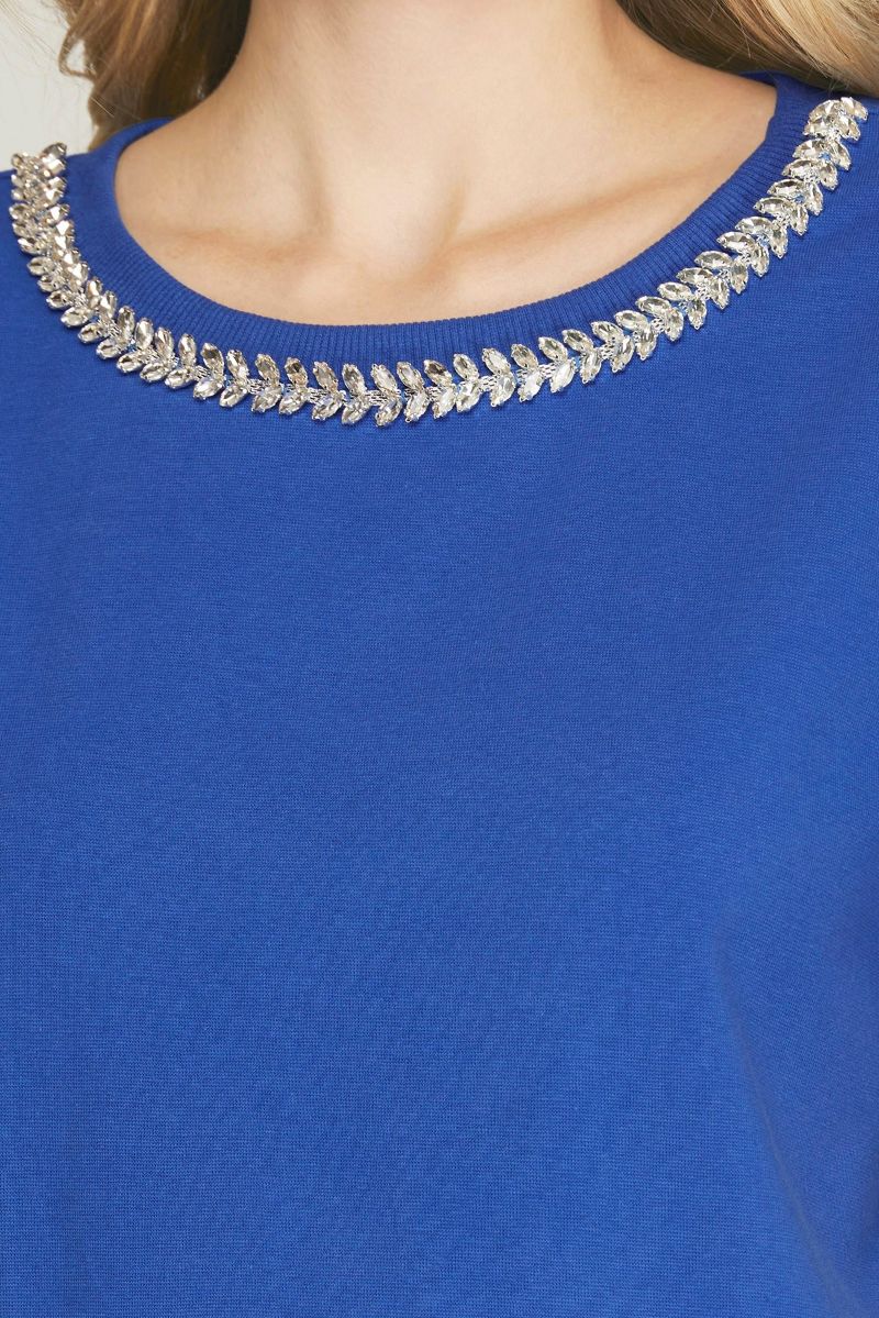 ROYAL BLUE DROP SHORT SLEEVES RHINESTONE DETAILED KNIT TOP SKSY6725