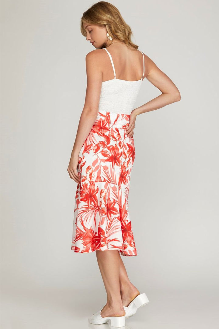 RED FLORAL PRINT MERMAID SATIN MIDI SKIRT SkSY6746-S