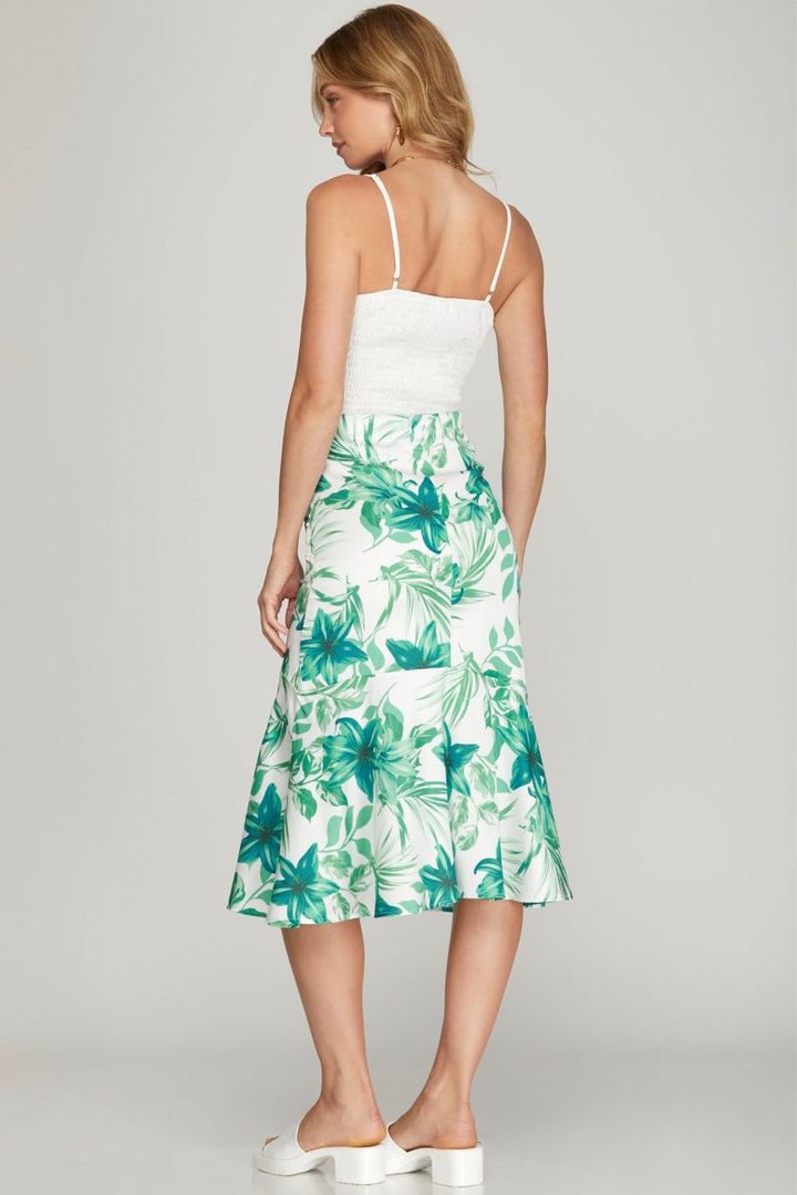 GREEN FLORAL PRINT MERMAID SATIN MIDI SKIRT SKSY6746-S