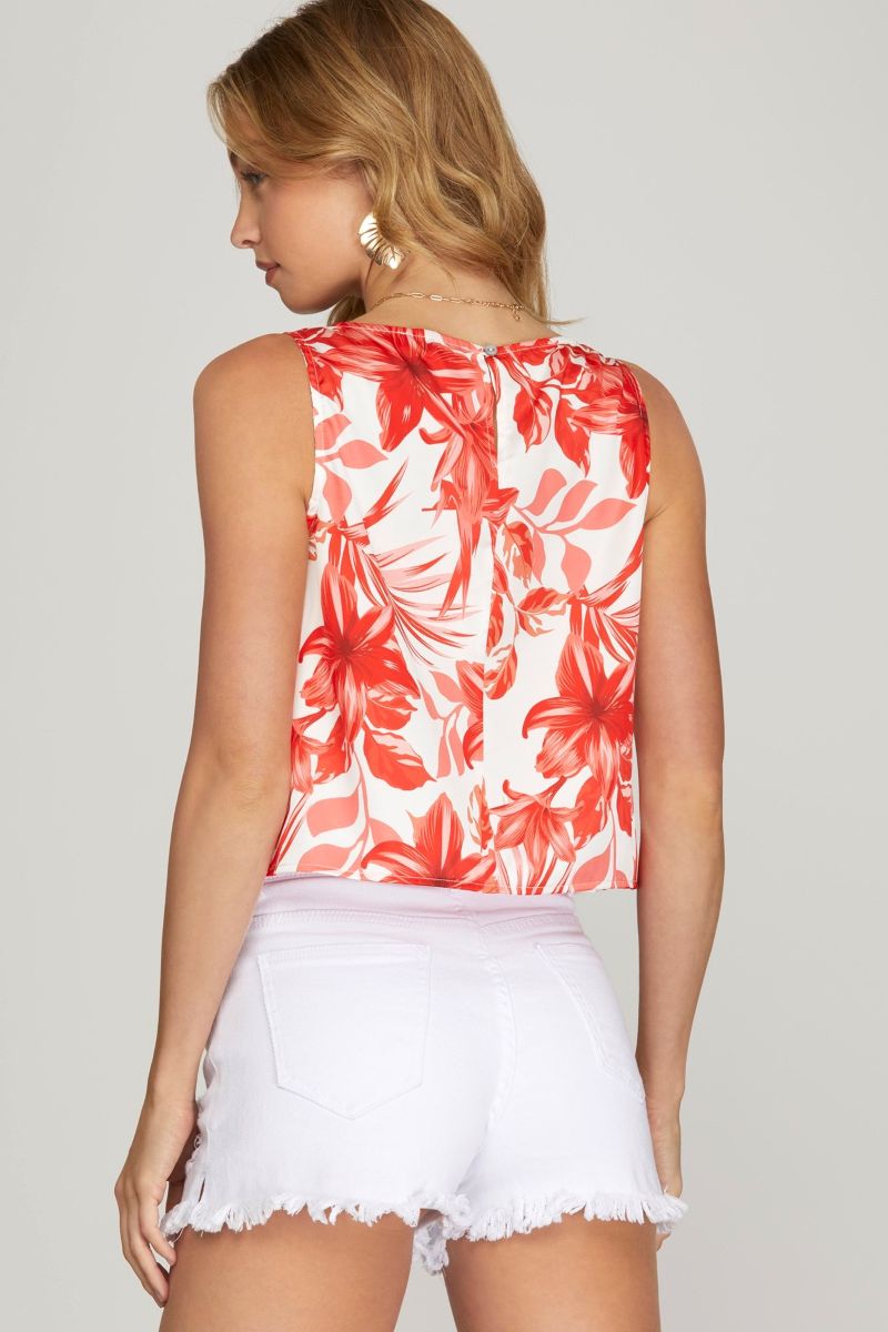 RED FLORAL COWL NECK SLEEVELESS SATIN TOP SKSY6746-T