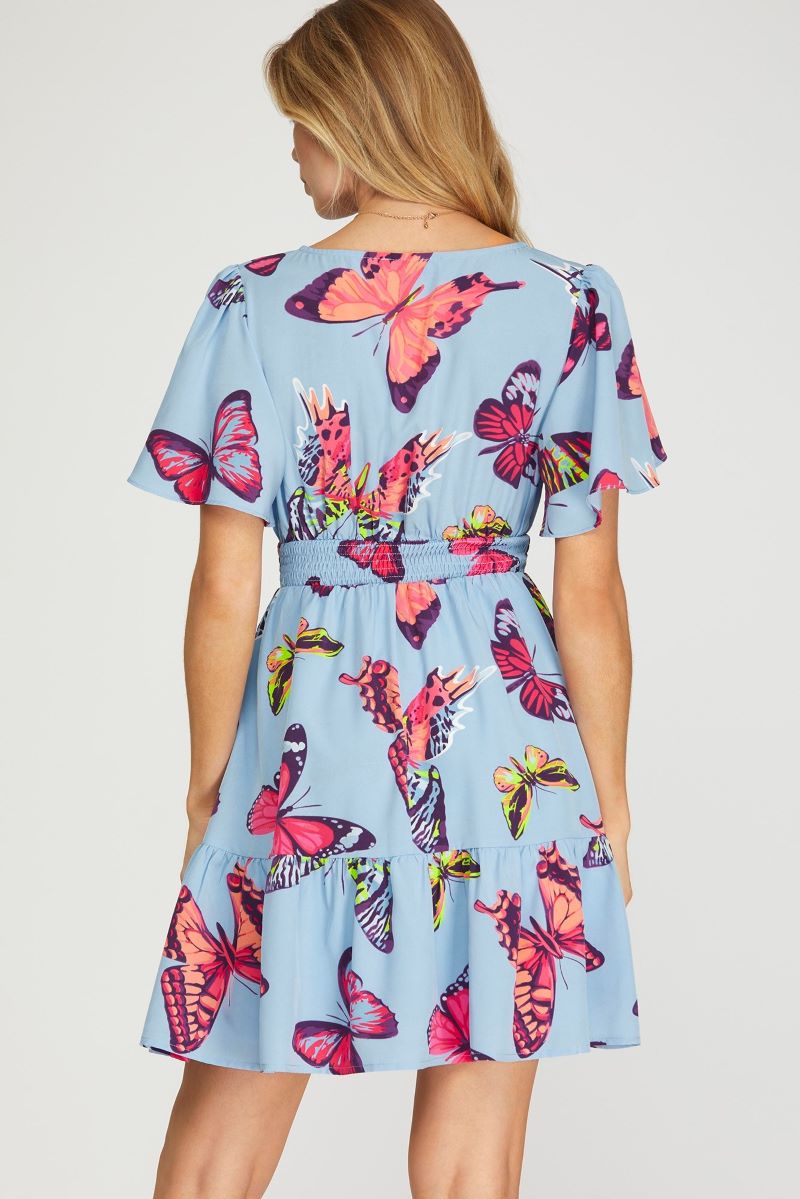 BUTTERFLY PRINT SMOCKED FLUTTER SLEEVE WOVEN MINI DRESS
