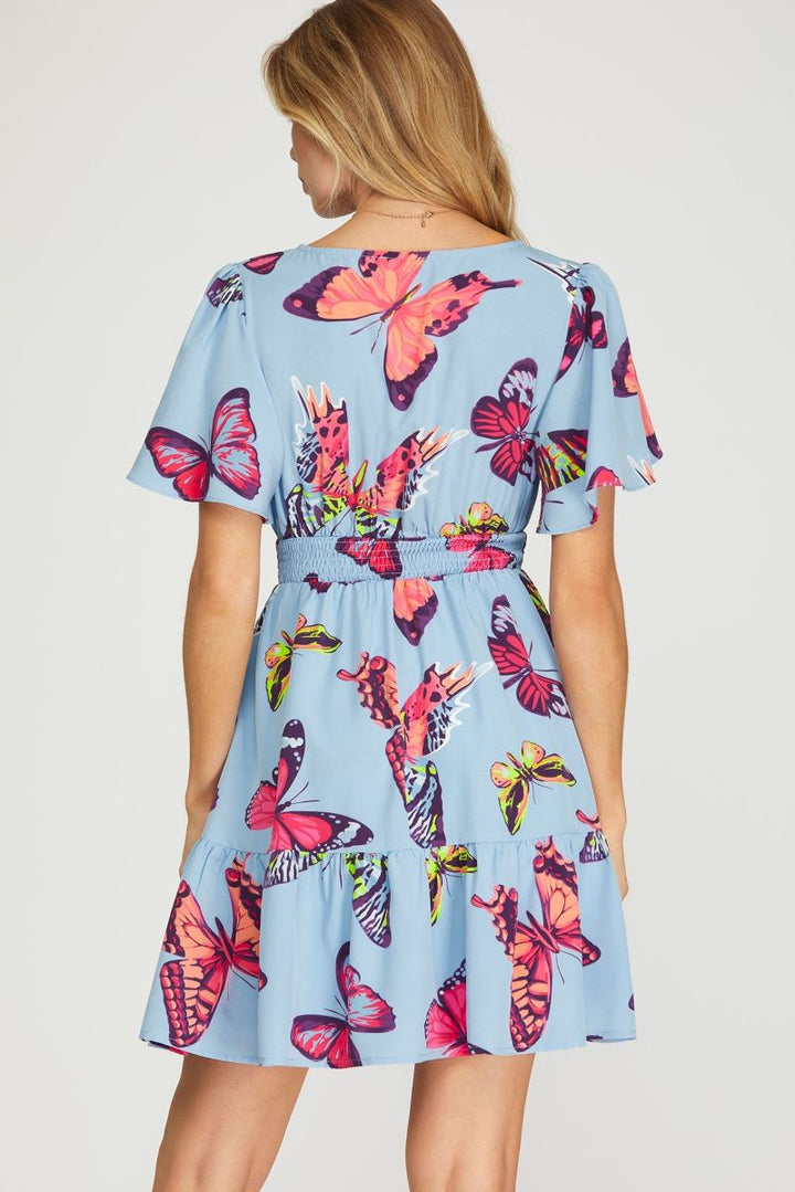 BUTTERFLY PRINT SMOCKED FLUTTER SLEEVE WOVEN MINI DRESS