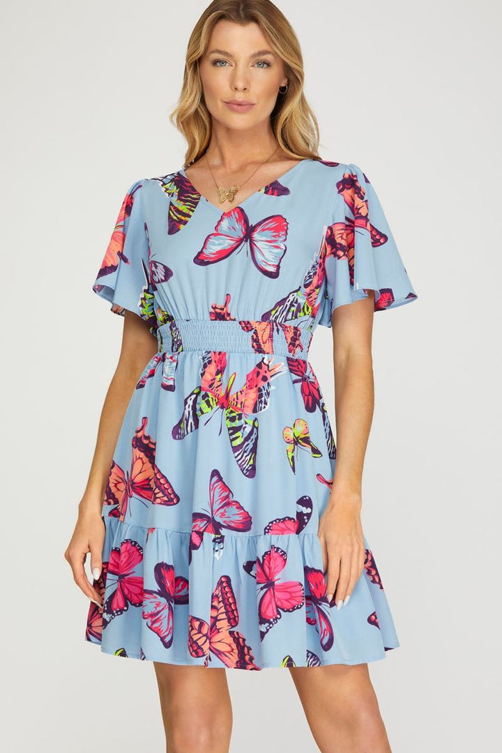 BUTTERFLY PRINT SMOCKED FLUTTER SLEEVE WOVEN MINI DRESS