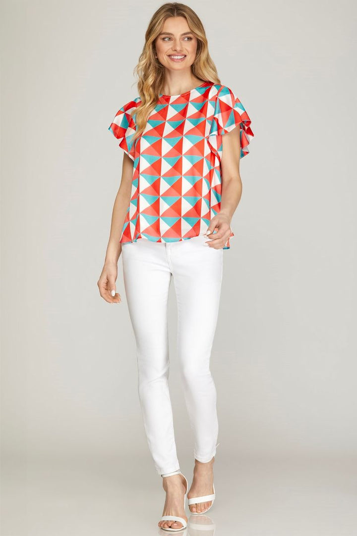CORAL FLUTTER SLEEVE WOVEN TOP SKSY6860
