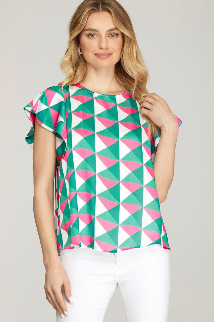 GREEN FLUTTER SLEEVE WOVEN TOP SKSY6860