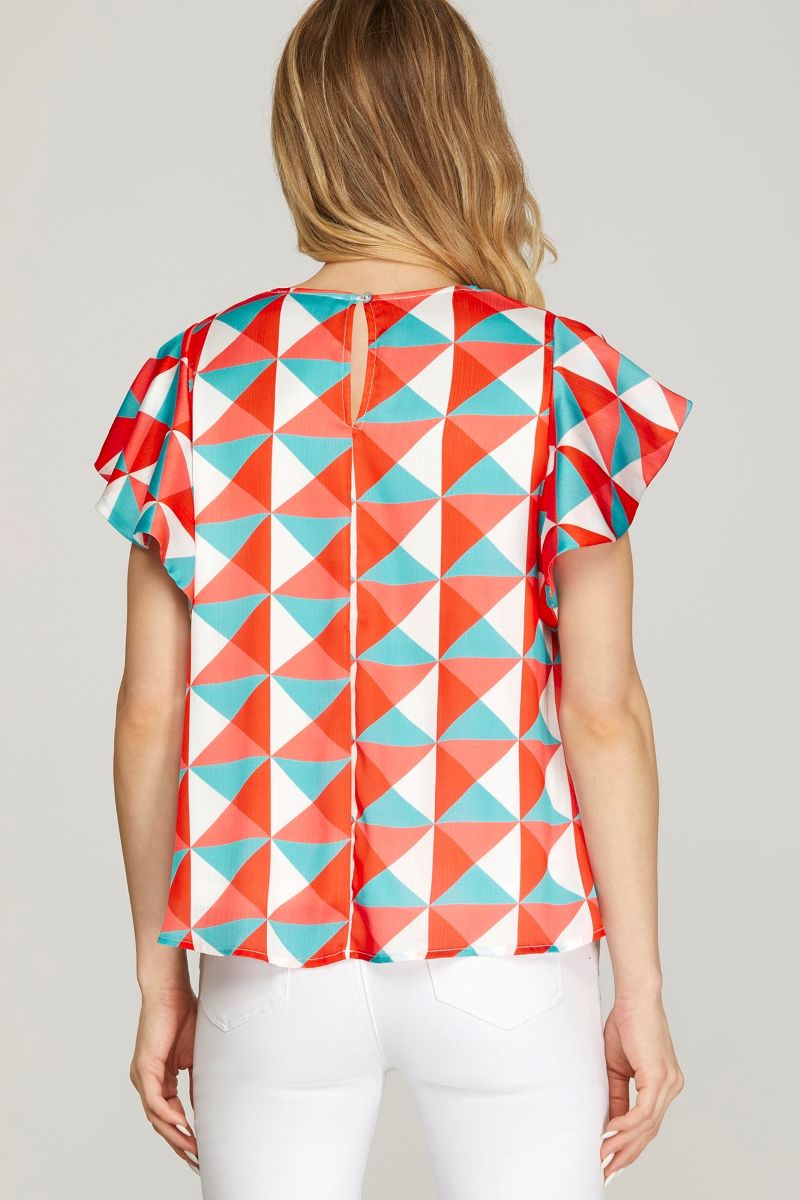 CORAL FLUTTER SLEEVE WOVEN TOP SKSY6860