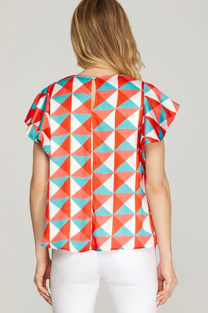 CORAL FLUTTER SLEEVE WOVEN TOP SKSY6860