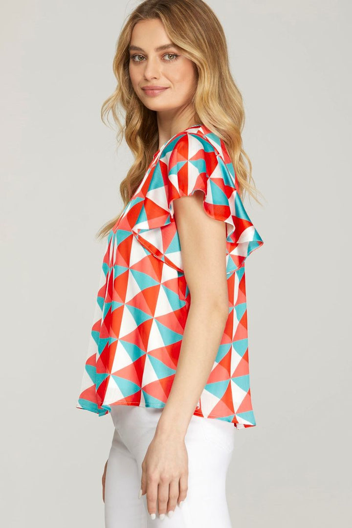 CORAL FLUTTER SLEEVE WOVEN TOP SKSY6860