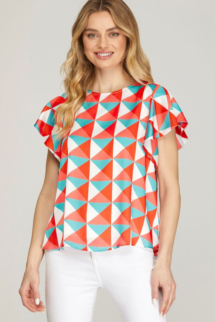 CORAL FLUTTER SLEEVE WOVEN TOP SKSY6860