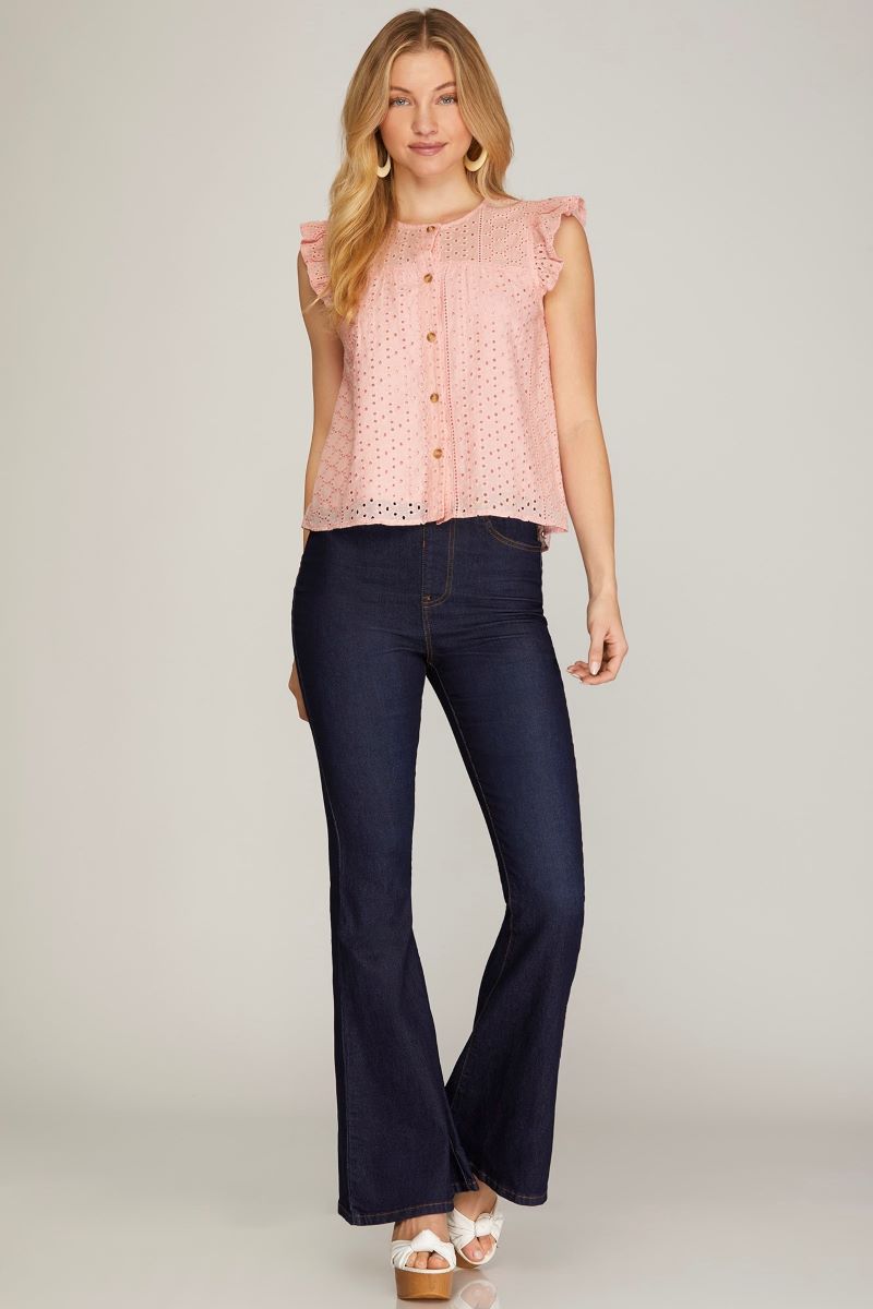LT. PINK EYELET RUFFLED SLEEVES BUTTON DOWN WOVEN TOP