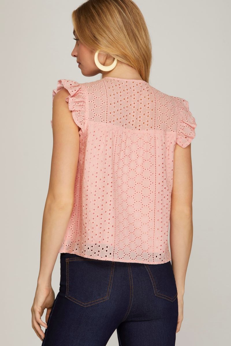 LT. PINK EYELET RUFFLED SLEEVES BUTTON DOWN WOVEN TOP