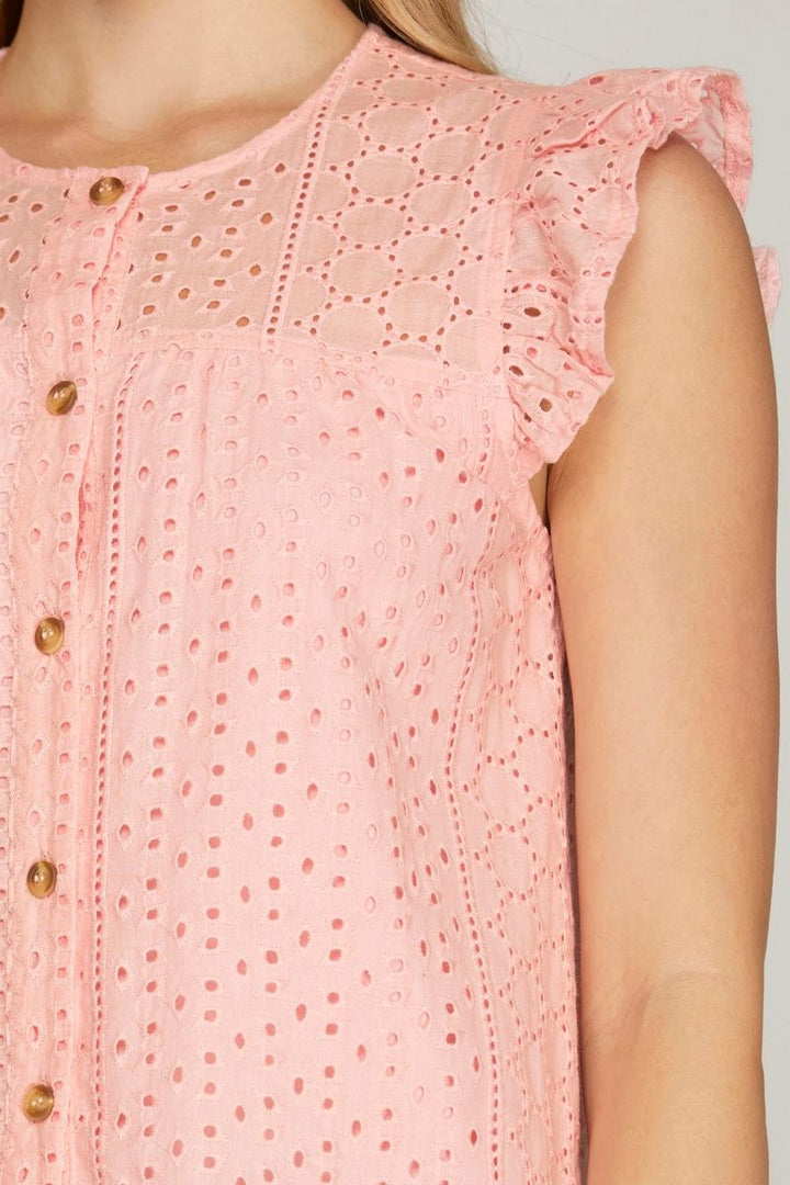 LT. PINK EYELET RUFFLED SLEEVES BUTTON DOWN WOVEN TOP