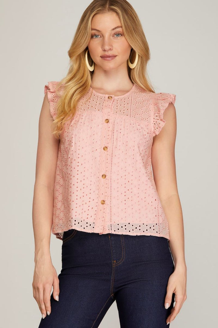 LT. PINK EYELET RUFFLED SLEEVES BUTTON DOWN WOVEN TOP