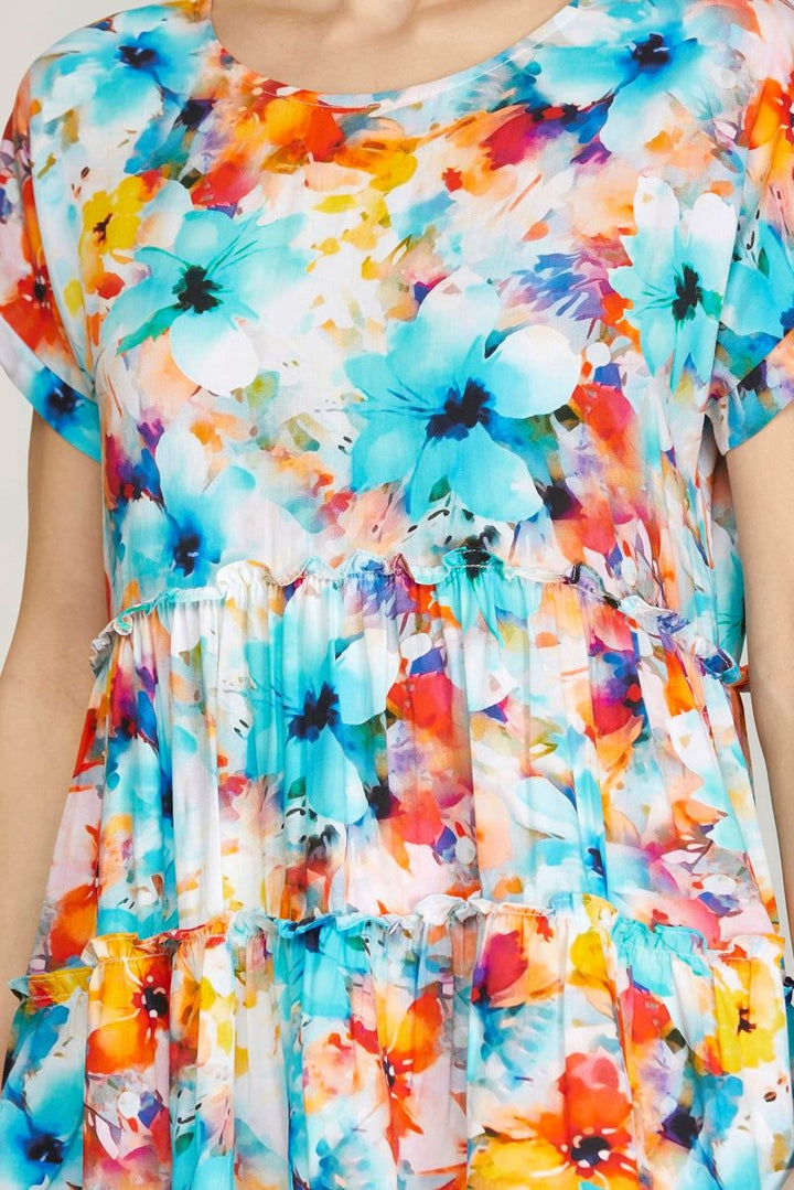 AQUA FLORAL PRINT DROP SHOULDER TIERED TUNIC WOVEN TOP