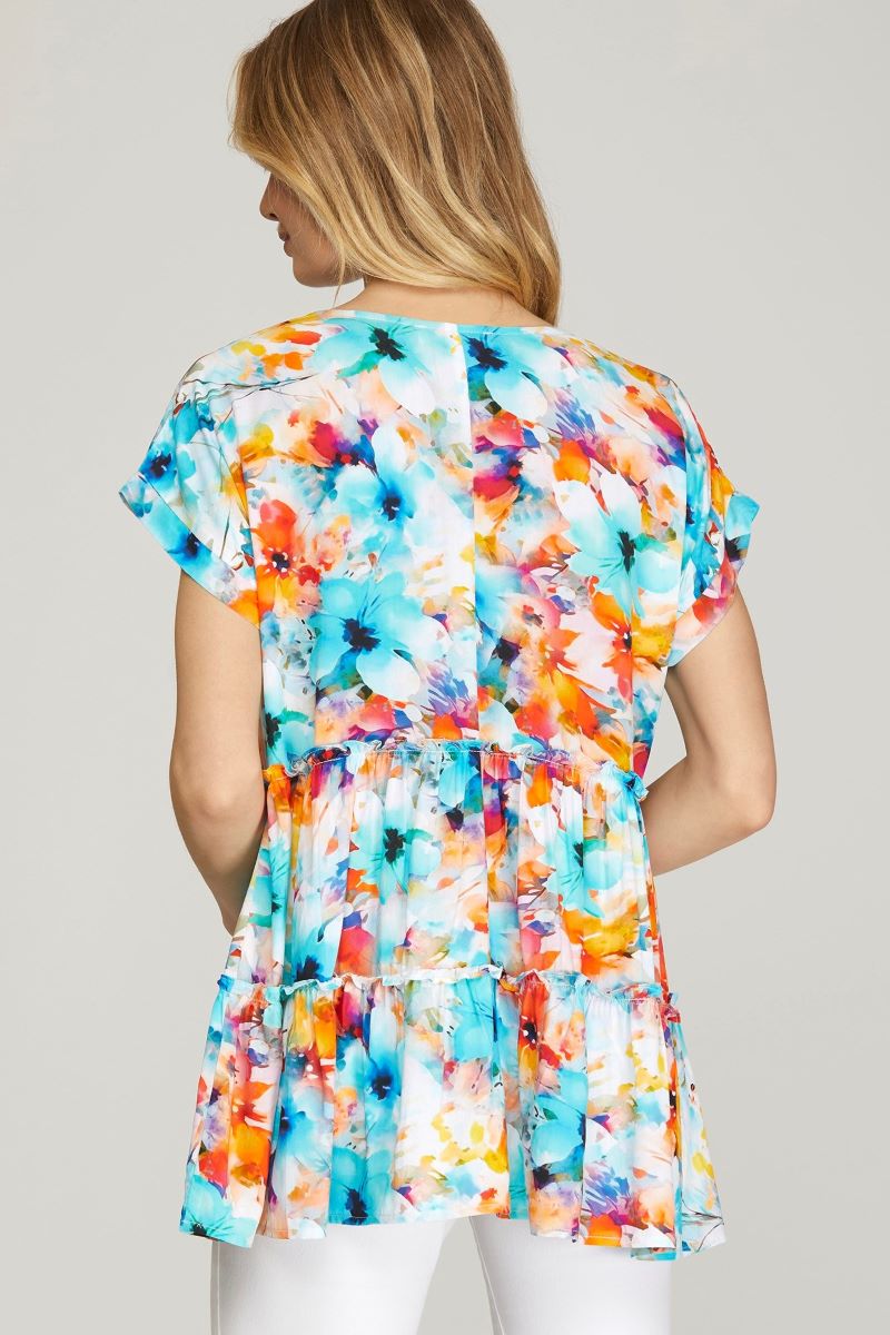 AQUA FLORAL PRINT DROP SHOULDER TIERED TUNIC WOVEN TOP