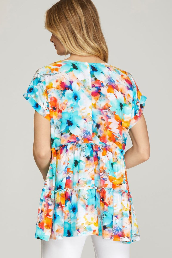 AQUA FLORAL PRINT DROP SHOULDER TIERED TUNIC WOVEN TOP