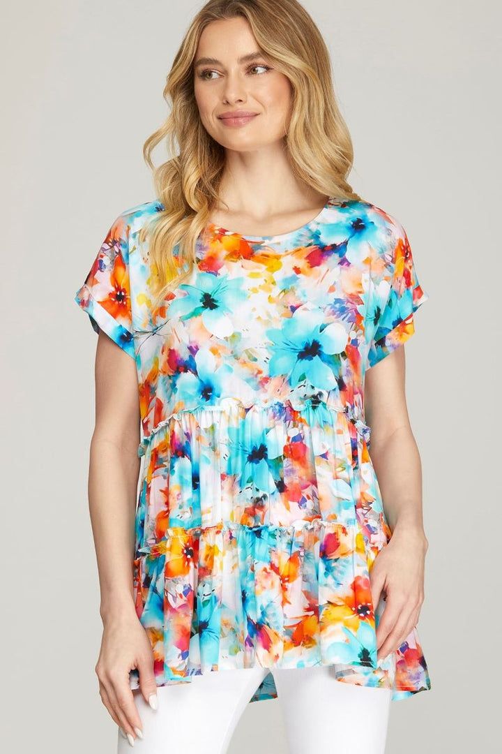 AQUA FLORAL PRINT DROP SHOULDER TIERED TUNIC WOVEN TOP