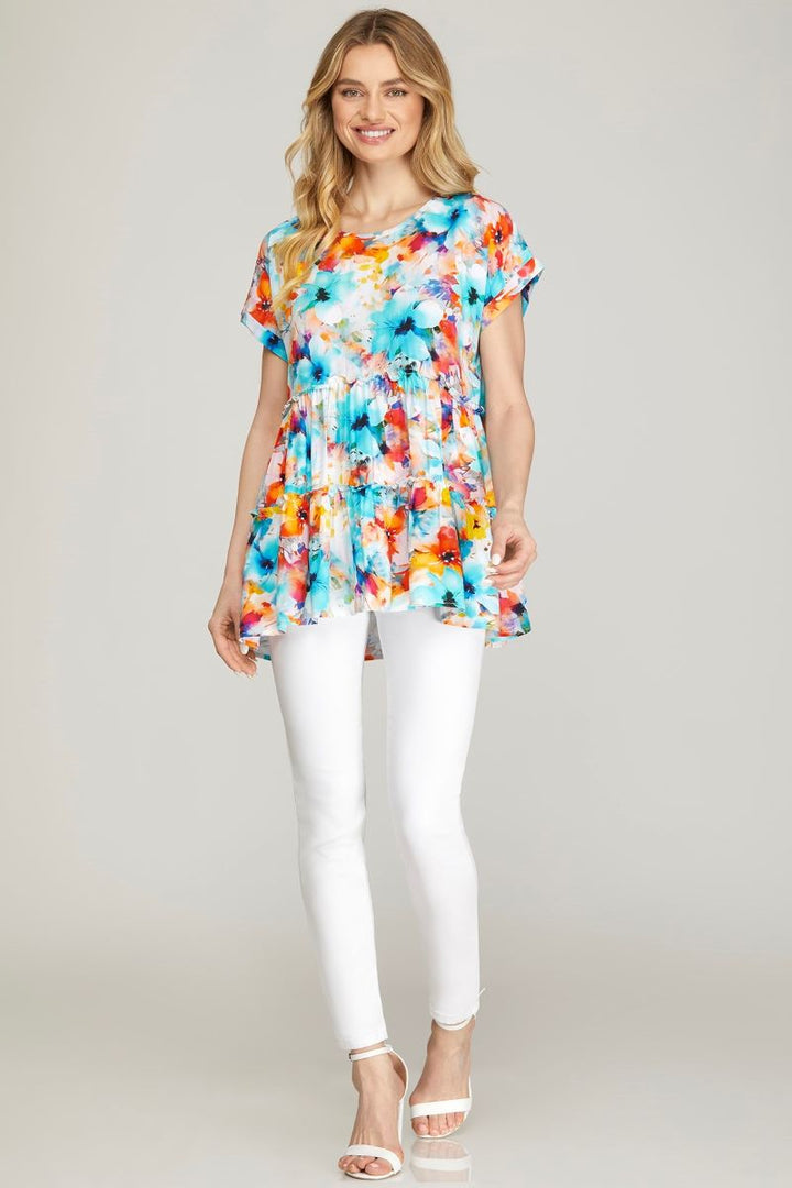 AQUA FLORAL PRINT DROP SHOULDER TIERED TUNIC WOVEN TOP