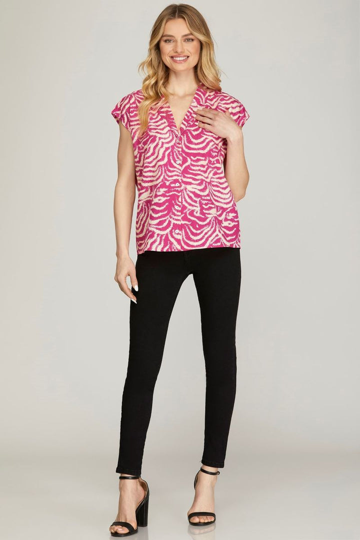 FUCHSIA V-NECK COLLARED DROP WOVEN TOP SKSY6930