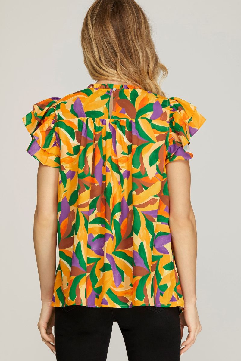 ORANGE YORK PRINT RUFFLE SLEEVES PLEATED WOVEN TOP SKSY6949