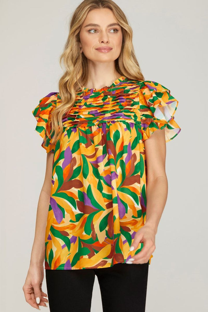 ORANGE YORK PRINT RUFFLE SLEEVES PLEATED WOVEN TOP SKSY6949