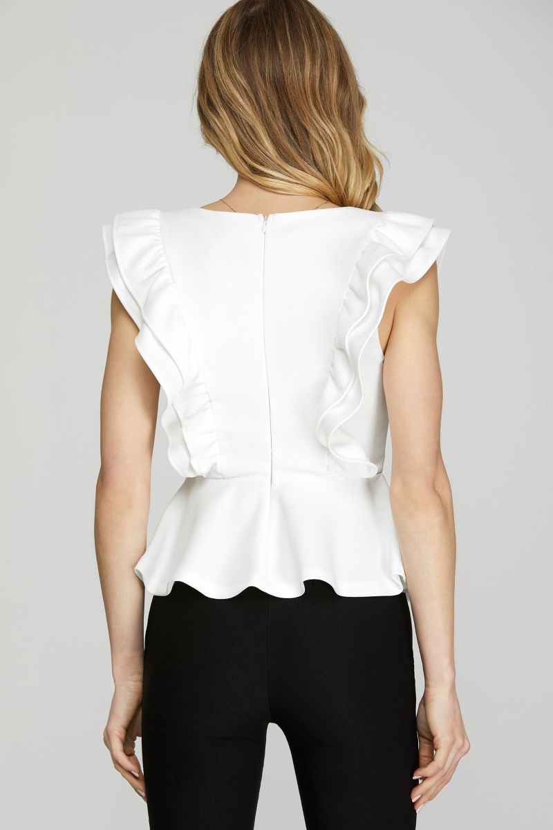 OFF WHITE SLEEVELESS RUFFLED PEPLUM HEAVY KNIT TOP